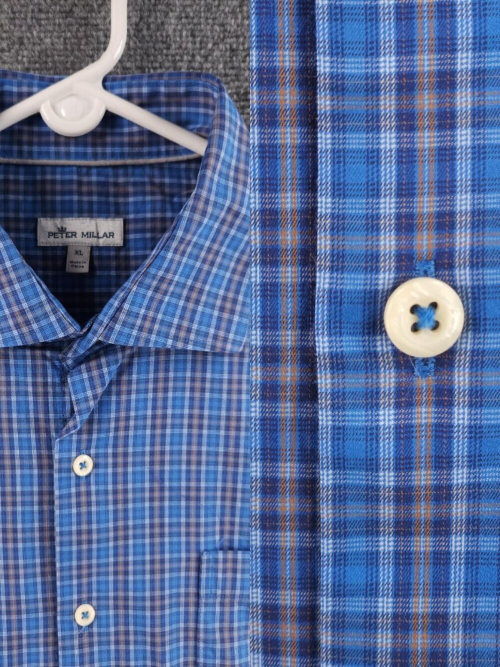 Peter Millar Blue Brown XL Plaid Nylon Cotton Spandex Shirt Pocket Mens Spread